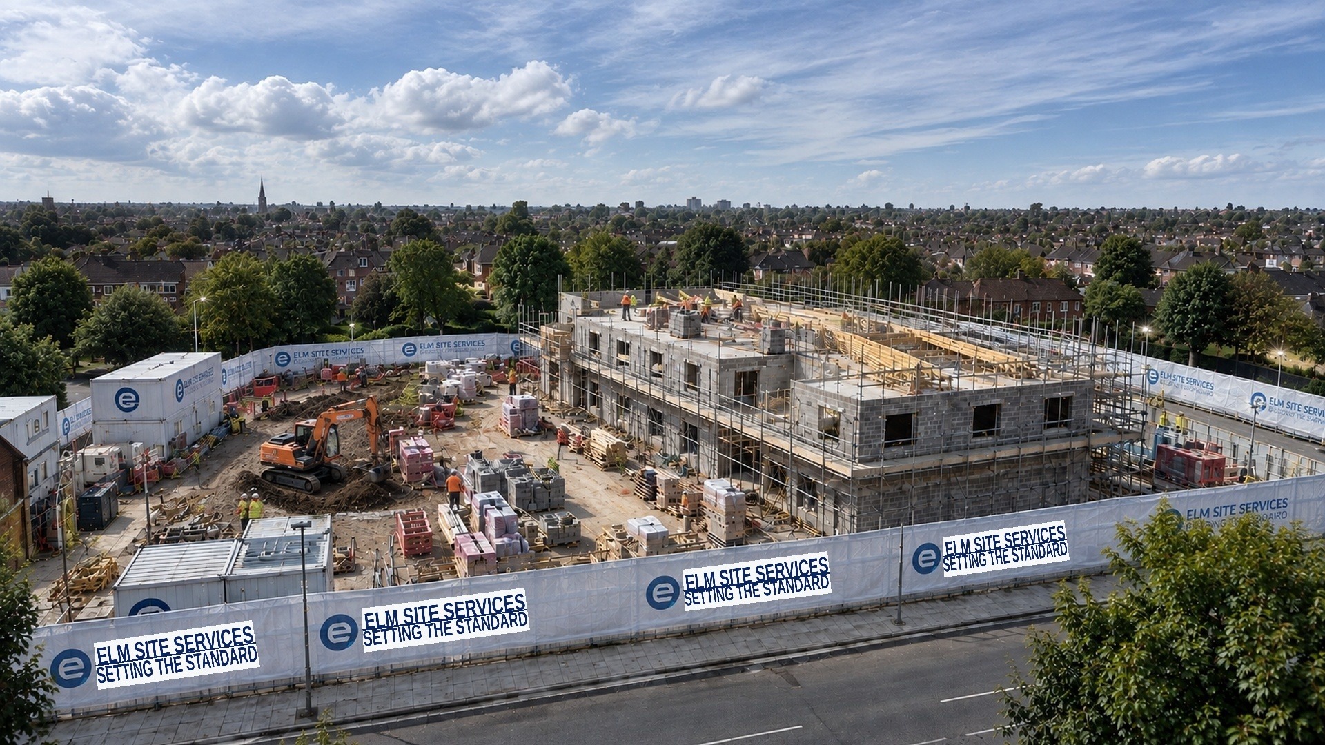 Elm Site Services building and construction site — block of flats under construction with company hoarding, excavators and scaffolding
