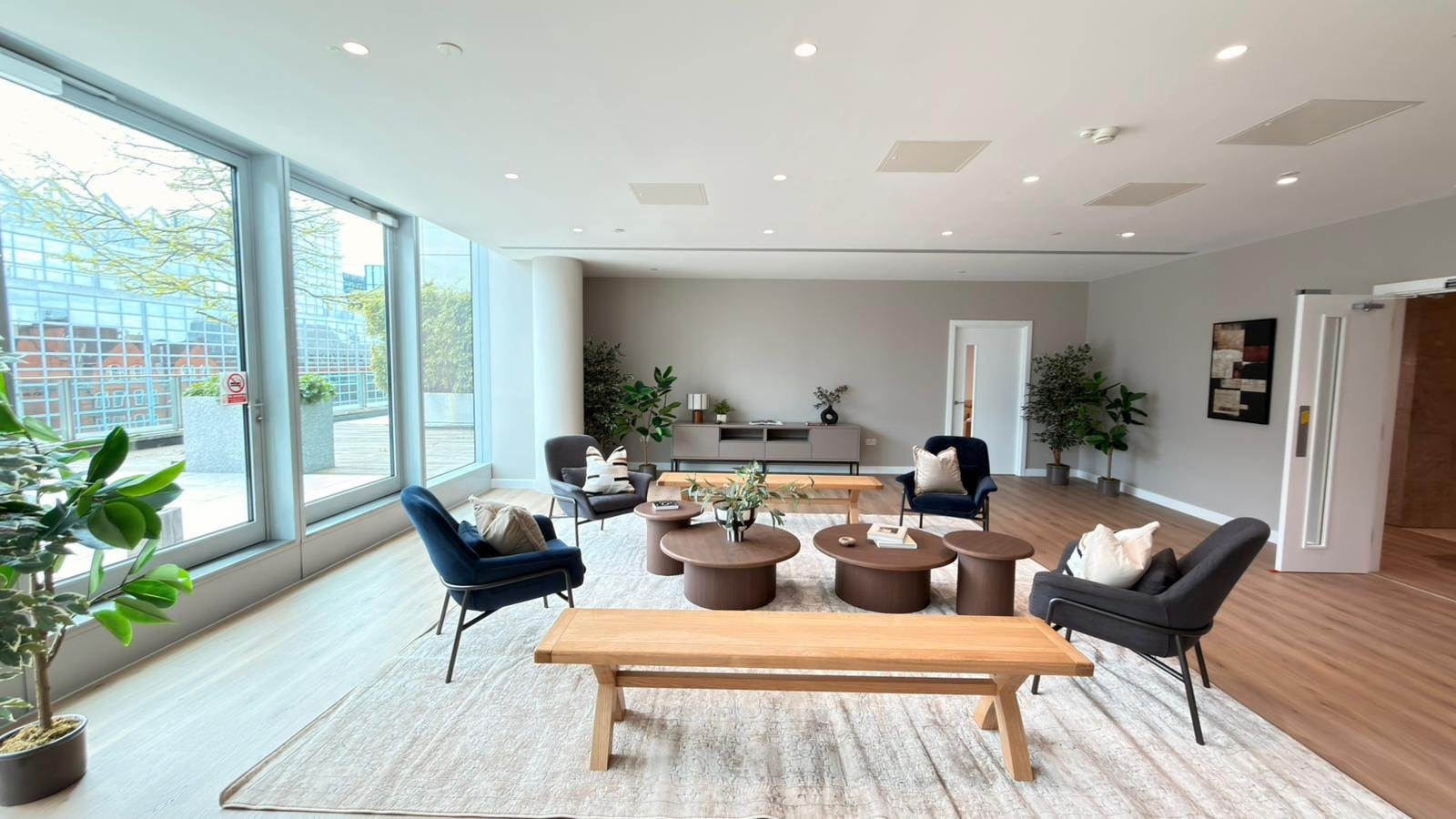 Belgrave House commercial refurbishment — lounge interior by Elm Site Services for Mace