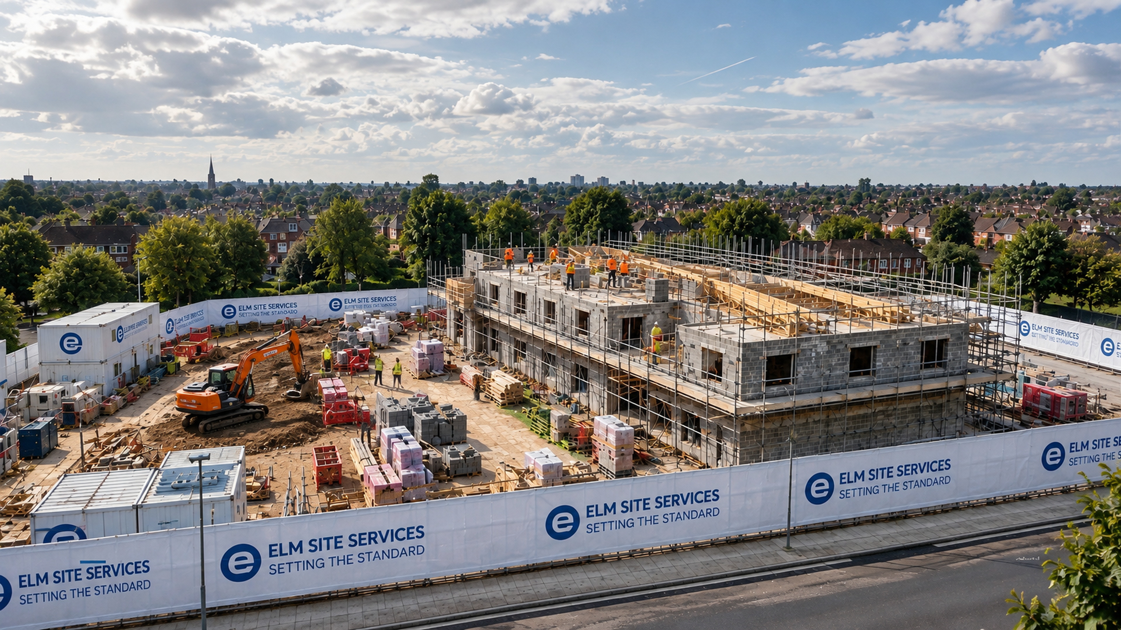 Elm Site Services building and construction site — block of flats under construction with company hoarding, excavators and scaffolding